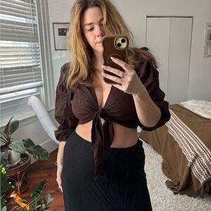 Express brown linen tie crop top